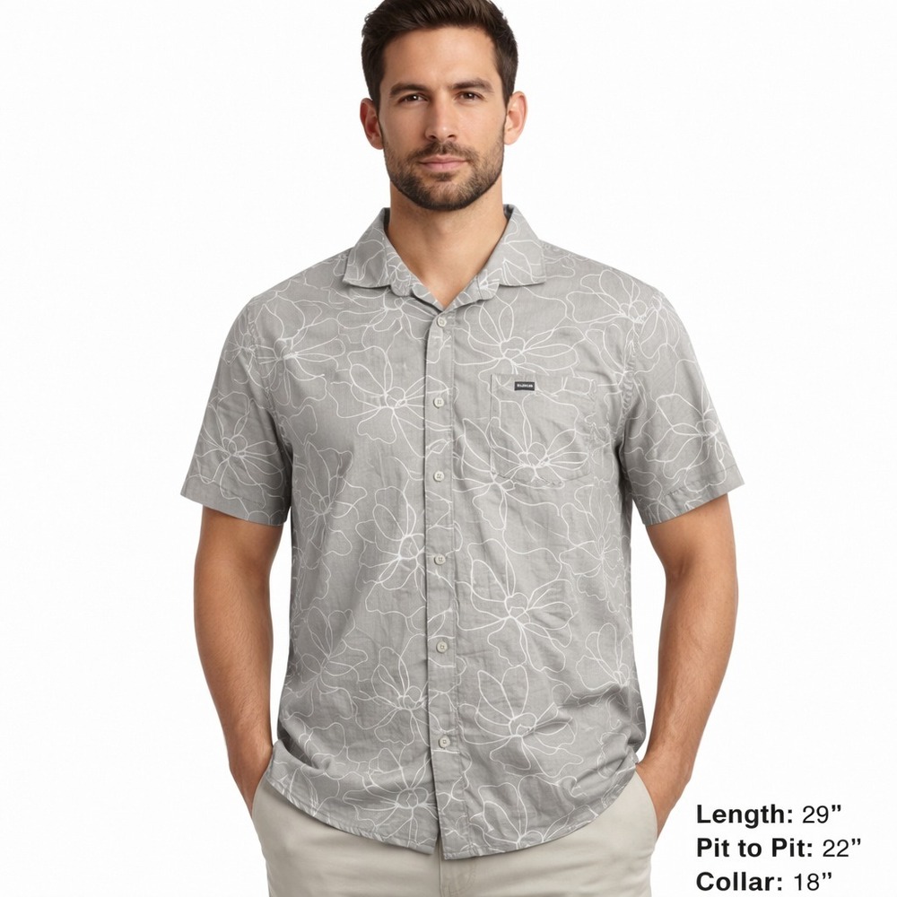 Hurley Men's Linen Blend Button-Up Shirt Size L Gray Floral Short Sleeve Casual